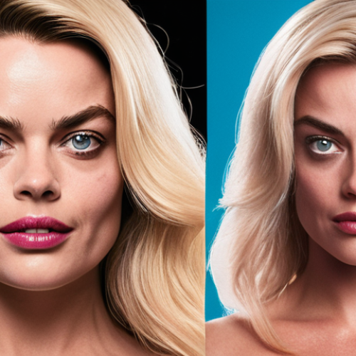 A dynamic, high-resolution portrait of Margot Robbie, showcasing her transformative acting range. One half of the image portrays her as the fierce, glamorous Naomi Lapaglia from "The Wolf of Wall Street," exuding bold charisma. The other half depicts her as the raw, vulnerable Tonya Harding from "I, Tonya," with a gritty, determined expression. Subtle pink accents or a dreamlike pink aura blend the two halves, hinting at her iconic "Barbie" role and overall versatility. Cinematic lighting, expressive facial details, realistic textures.