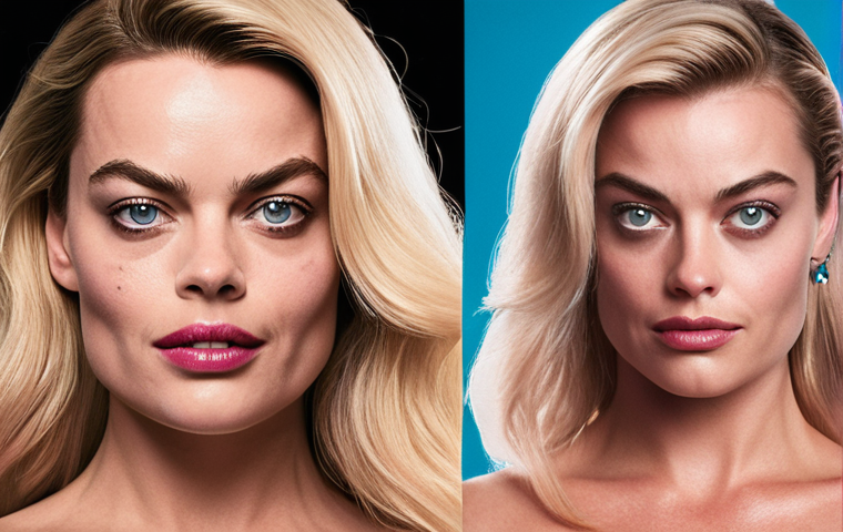 A dynamic, high-resolution portrait of Margot Robbie, showcasing her transformative acting range. One half of the image portrays her as the fierce, glamorous Naomi Lapaglia from "The Wolf of Wall Street," exuding bold charisma. The other half depicts her as the raw, vulnerable Tonya Harding from "I, Tonya," with a gritty, determined expression. Subtle pink accents or a dreamlike pink aura blend the two halves, hinting at her iconic "Barbie" role and overall versatility. Cinematic lighting, expressive facial details, realistic textures.